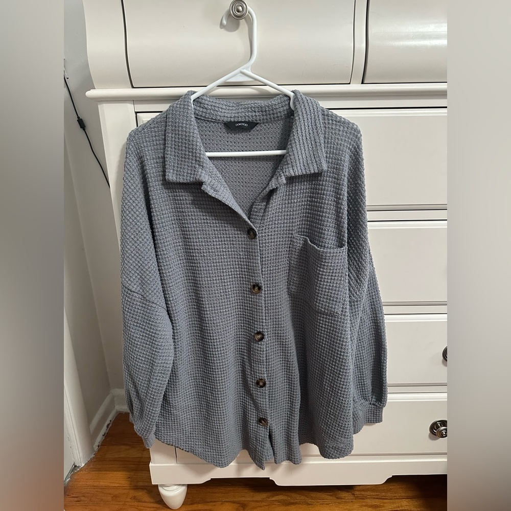 Gray Button-Up Waffle Knit Shirt